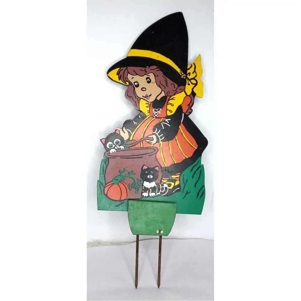 Vintage Witch Halloween Wooden Yard Stake Cauldron Black Cat Pumpkin